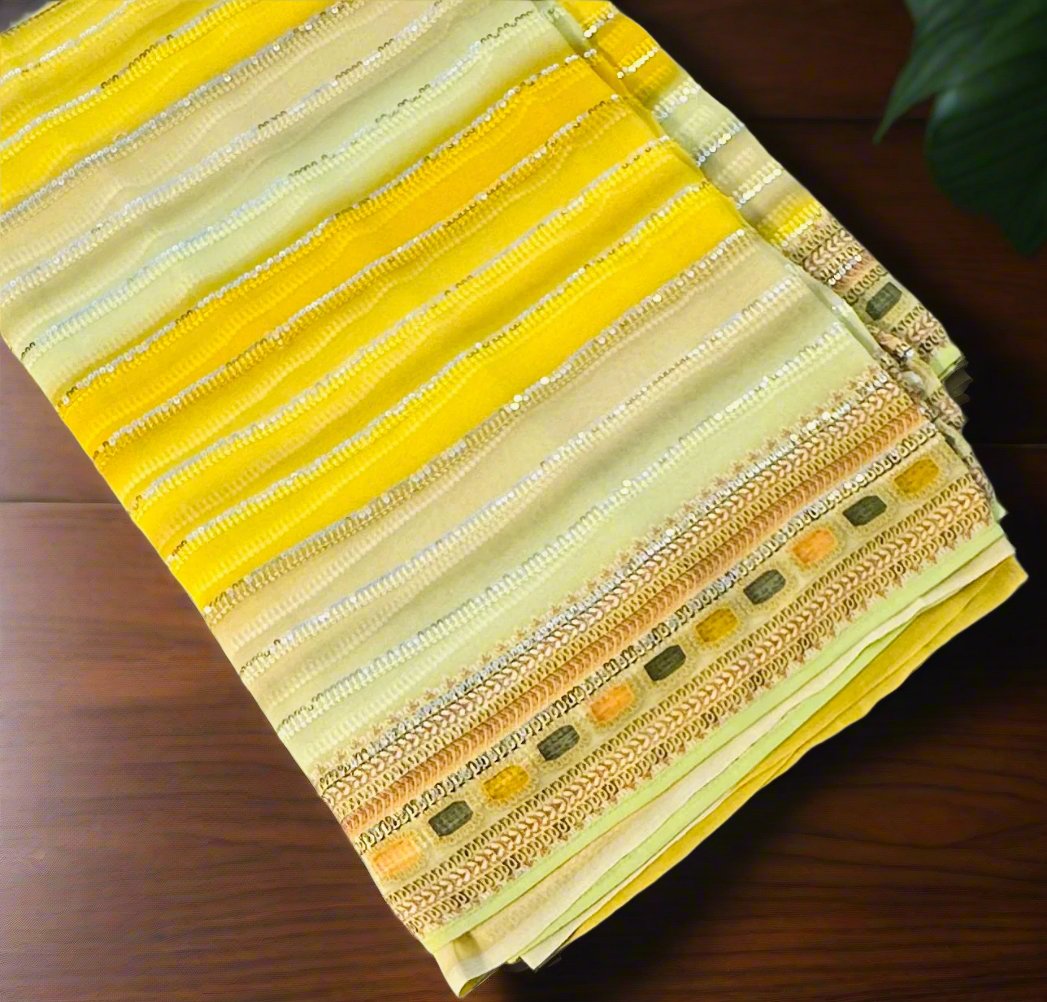 YELLOW GREY PURE BANARAS GORGETTE SAREE