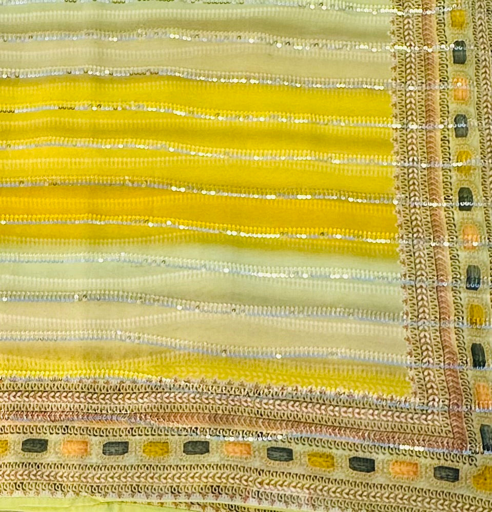 YELLOW GREY PURE BANARAS GORGETTE SAREE