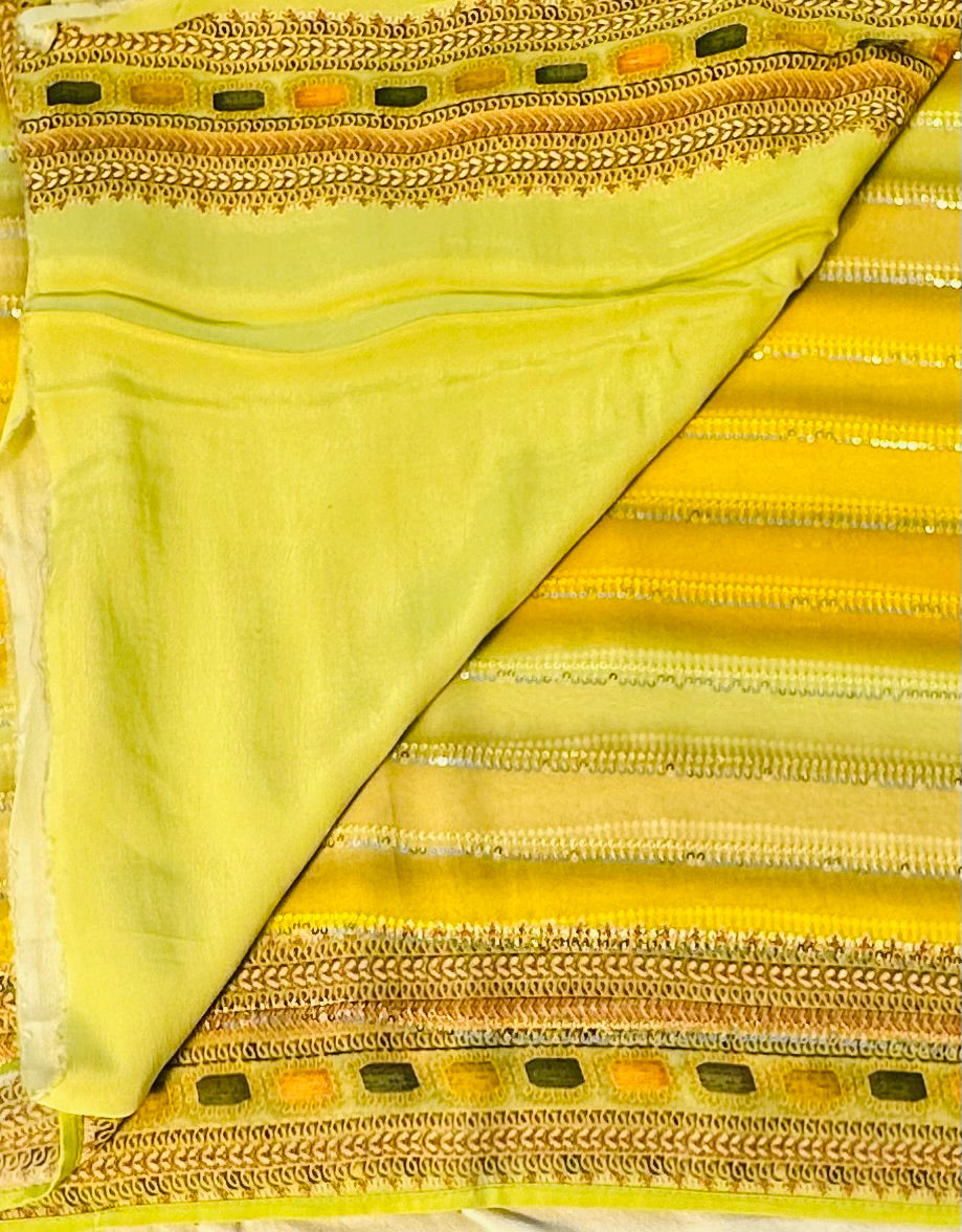 YELLOW GREY PURE BANARAS GORGETTE SAREE