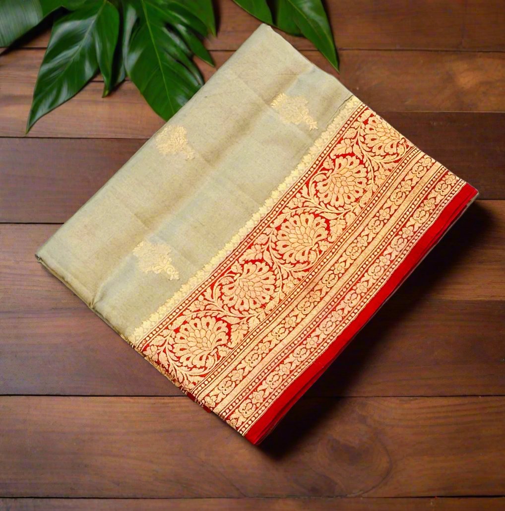 LIGHT GREY ND RED BANARAS PURE RAW MANGO