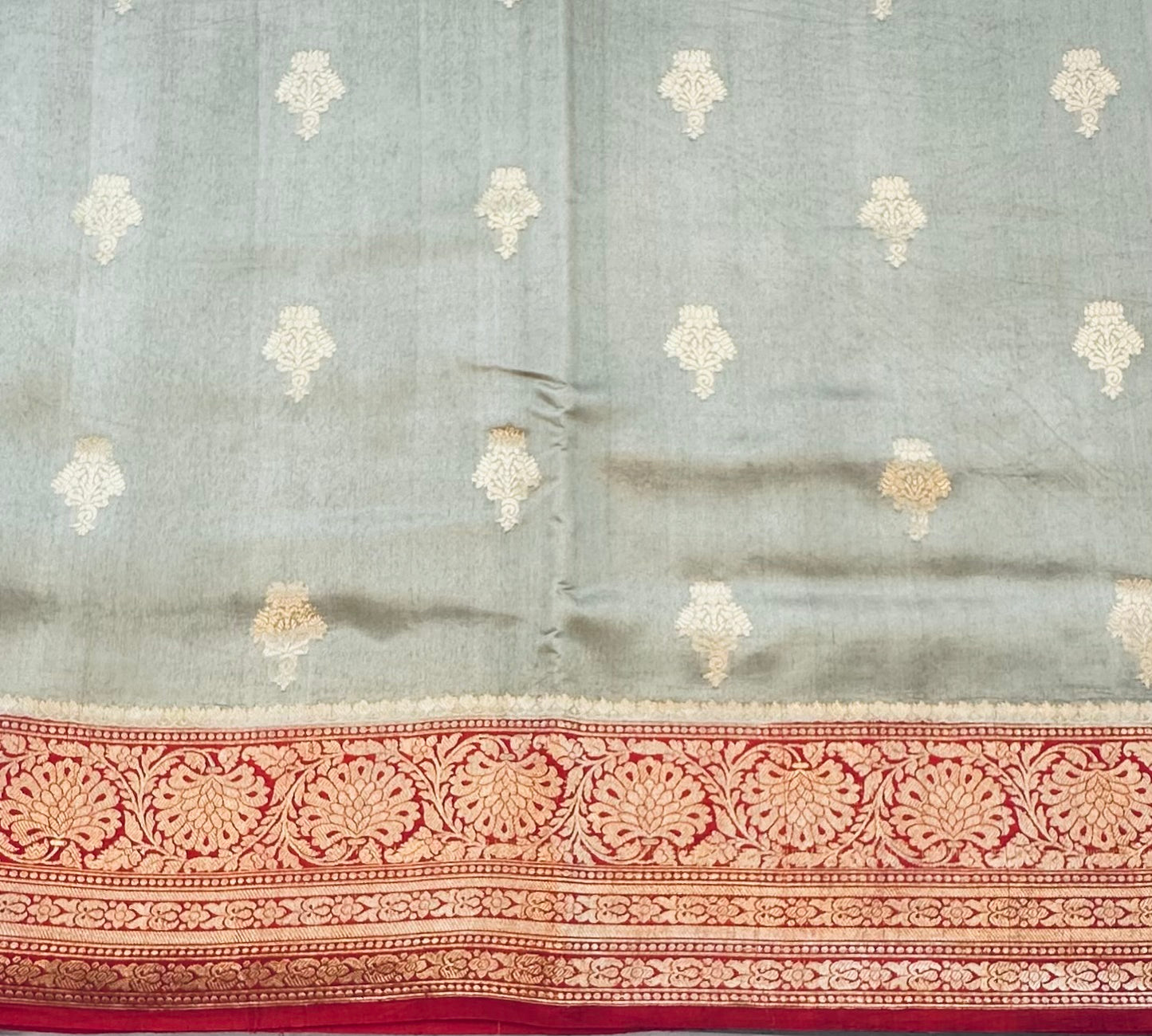 LIGHT GREY ND RED BANARAS PURE RAW MANGO