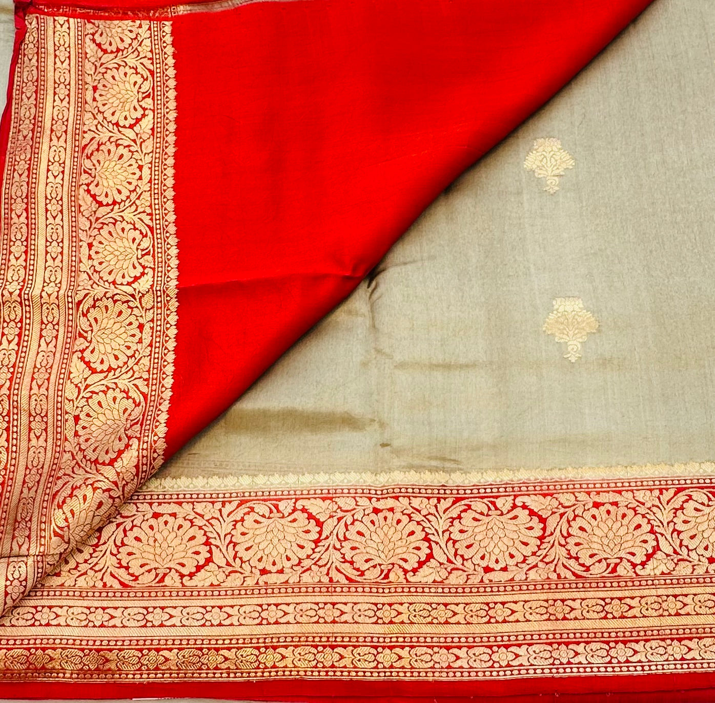 LIGHT GREY ND RED BANARAS PURE RAW MANGO