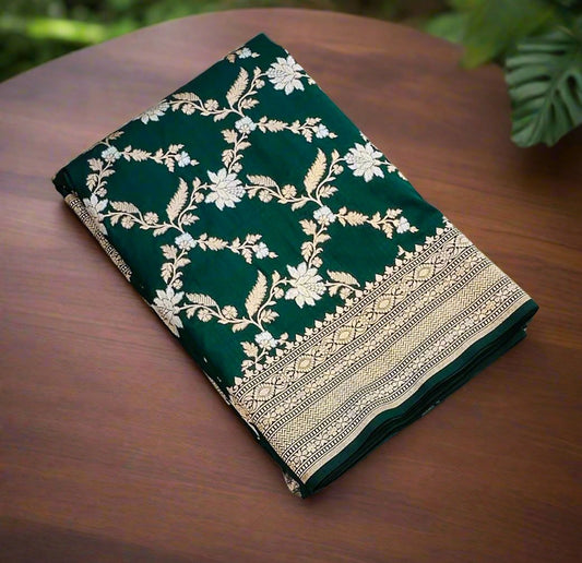 BOTTLE GREEN BANARAS PURE KATAAN JAAL SAREE