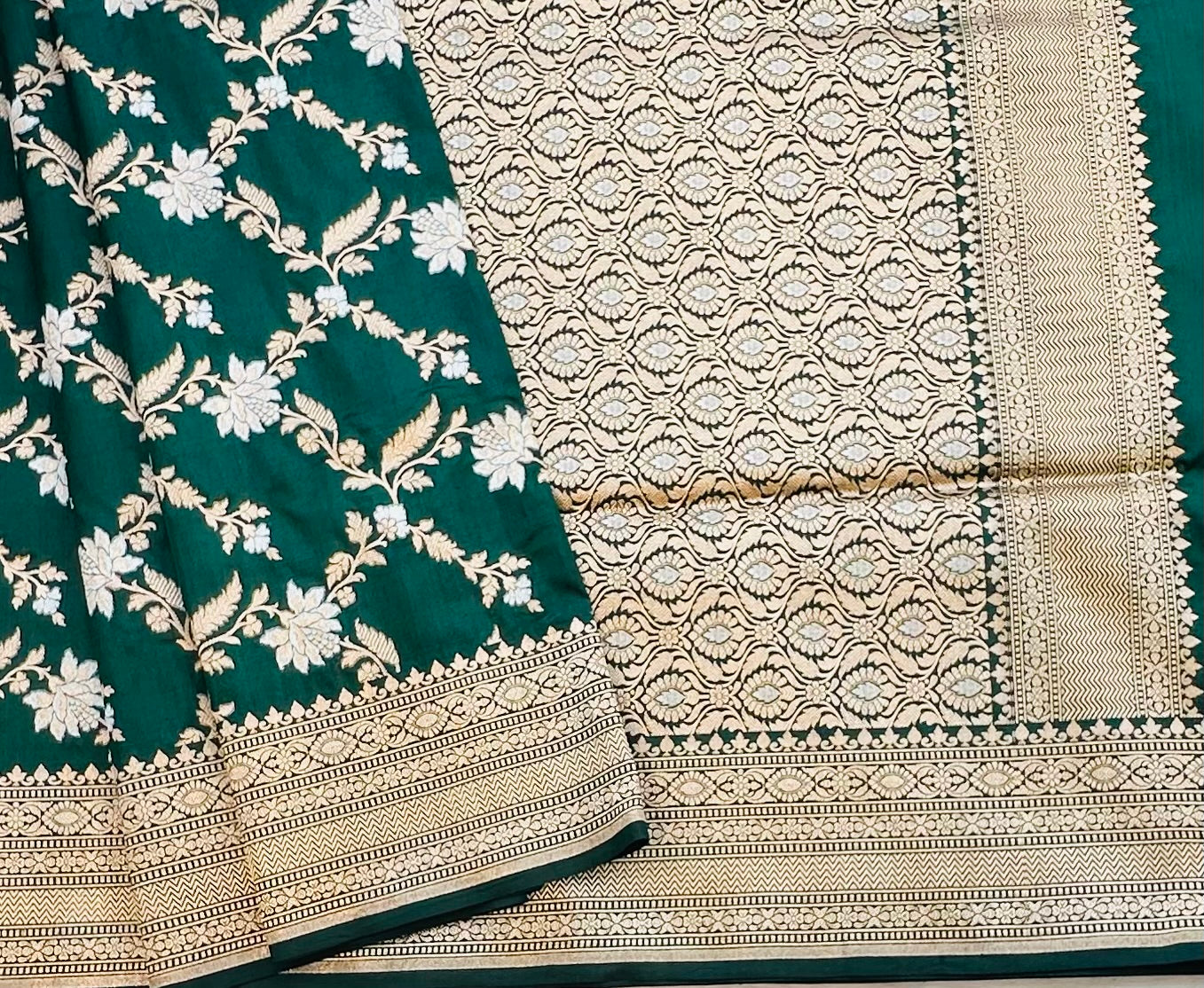 BOTTLE GREEN BANARAS PURE KATAAN JAAL SAREE