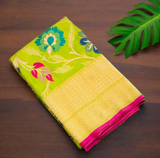 PARROT GREEN BANARAS PURE KATAAN JAAL SAREE