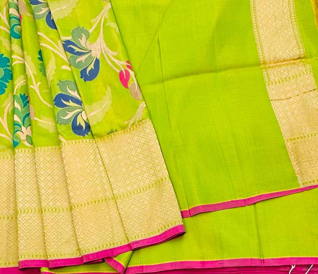 PARROT GREEN BANARAS PURE KATAAN JAAL SAREE