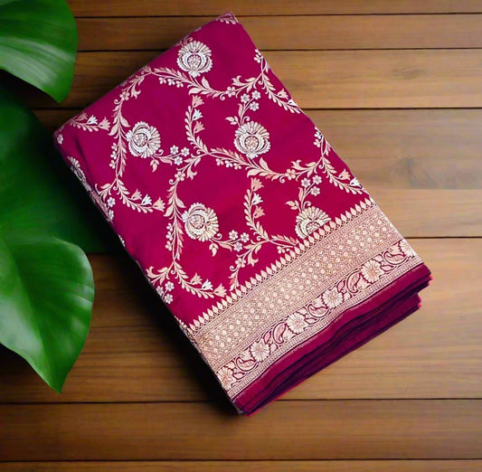 DARK PINK BANARAS PURE KATAAN JAAL SAREE