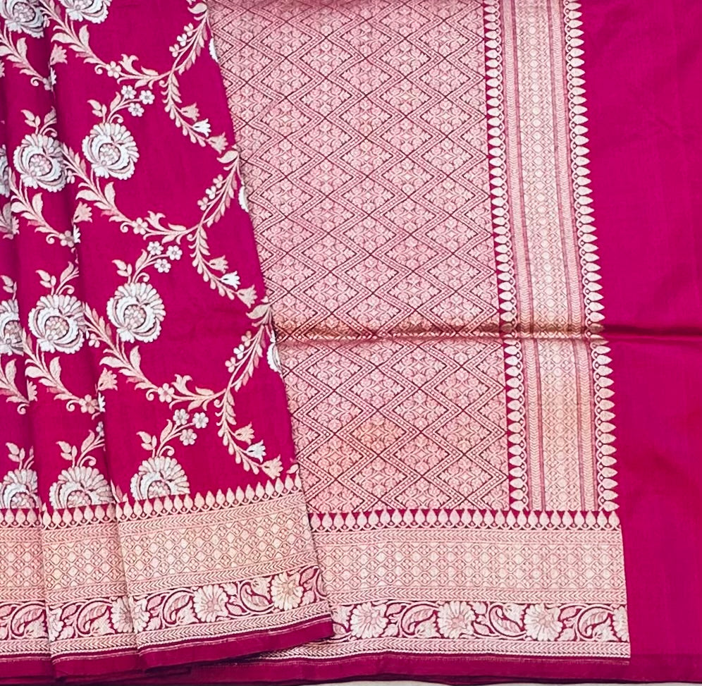 DARK PINK BANARAS PURE KATAAN JAAL SAREE