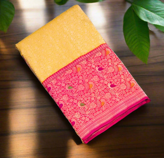 YELLOW ND PINK PURE BANARAS KATAAN DESIGNER SAREE