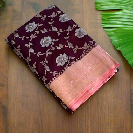 DARK BROWN PURE BANARAS KATAAN JAAL SAREE
