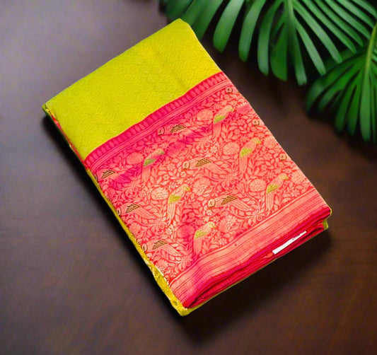 PARROT GREEN ND PINK BANARAS PURE KATAAN DESIGNER SAREE