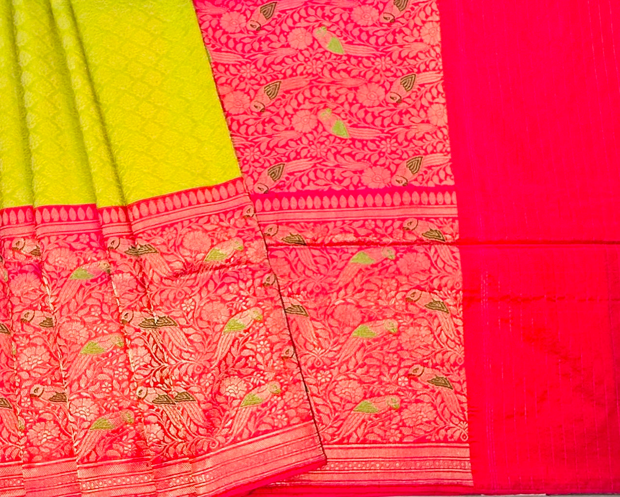 PARROT GREEN ND PINK BANARAS PURE KATAAN DESIGNER SAREE
