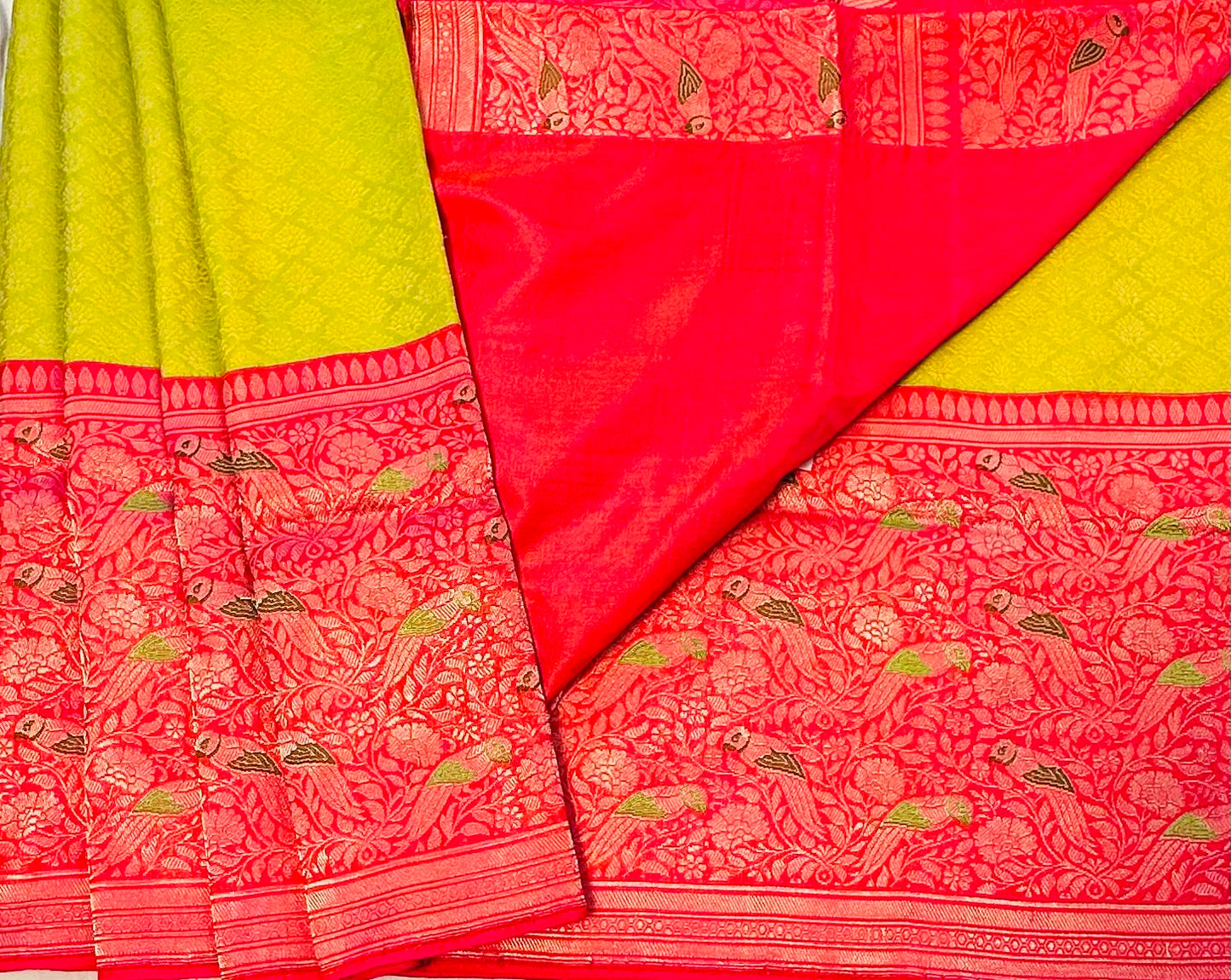 PARROT GREEN ND PINK BANARAS PURE KATAAN DESIGNER SAREE