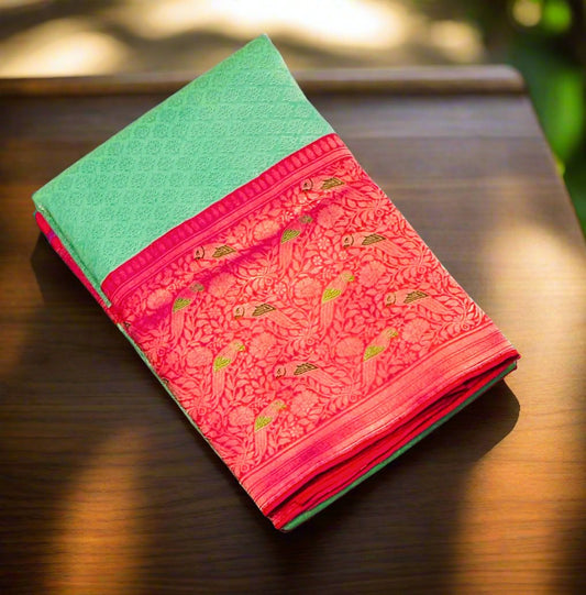PASTEL GREEN  ND PINK  BANARAS PURE KATAAN DESIGNER  SAREE