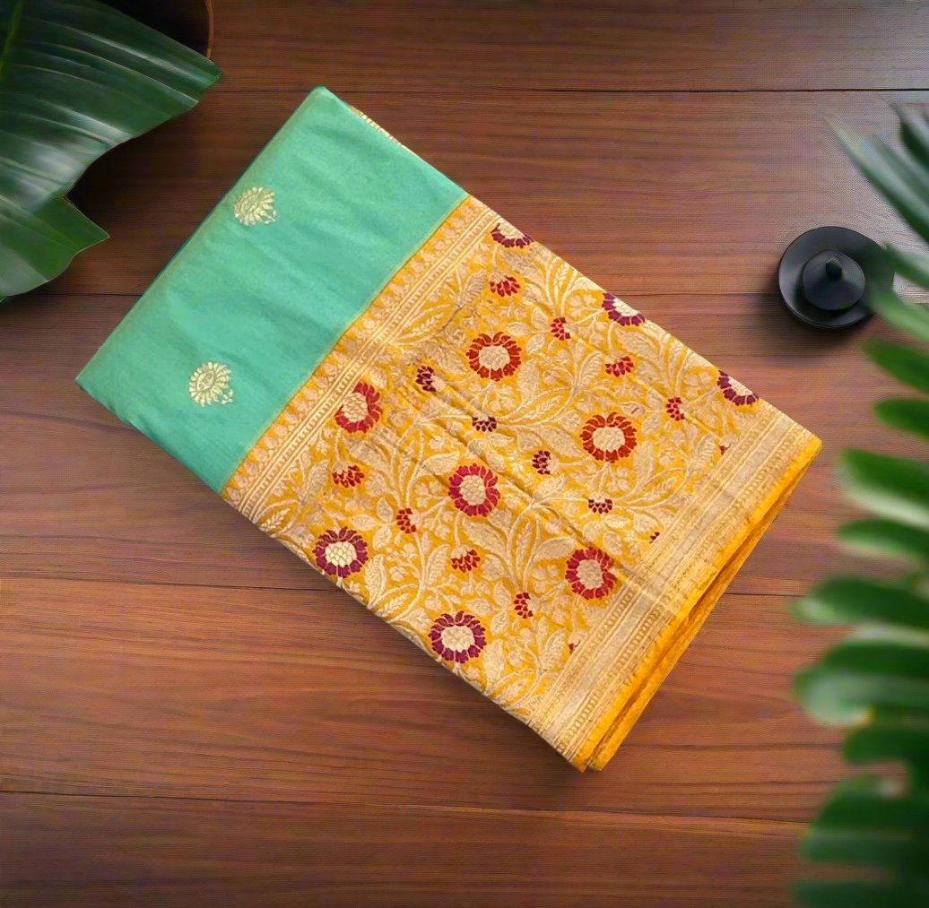 TEEL GREEN WITH YELLOW PURE BANARAS