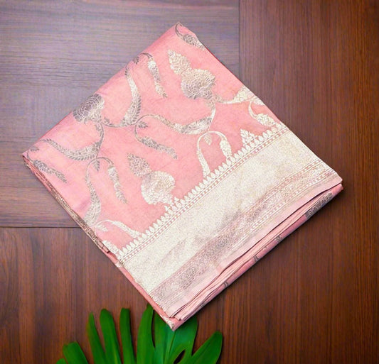 PASTEL PEACH BANARAS PURE KATAAN DESIGNER   SAREE