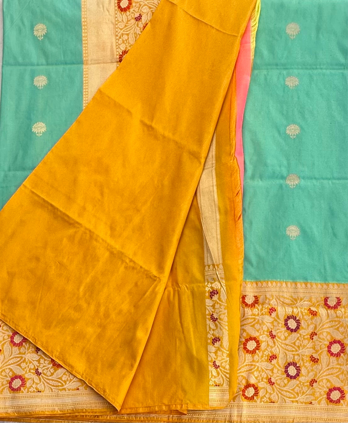 TEEL GREEN WITH YELLOW PURE BANARAS