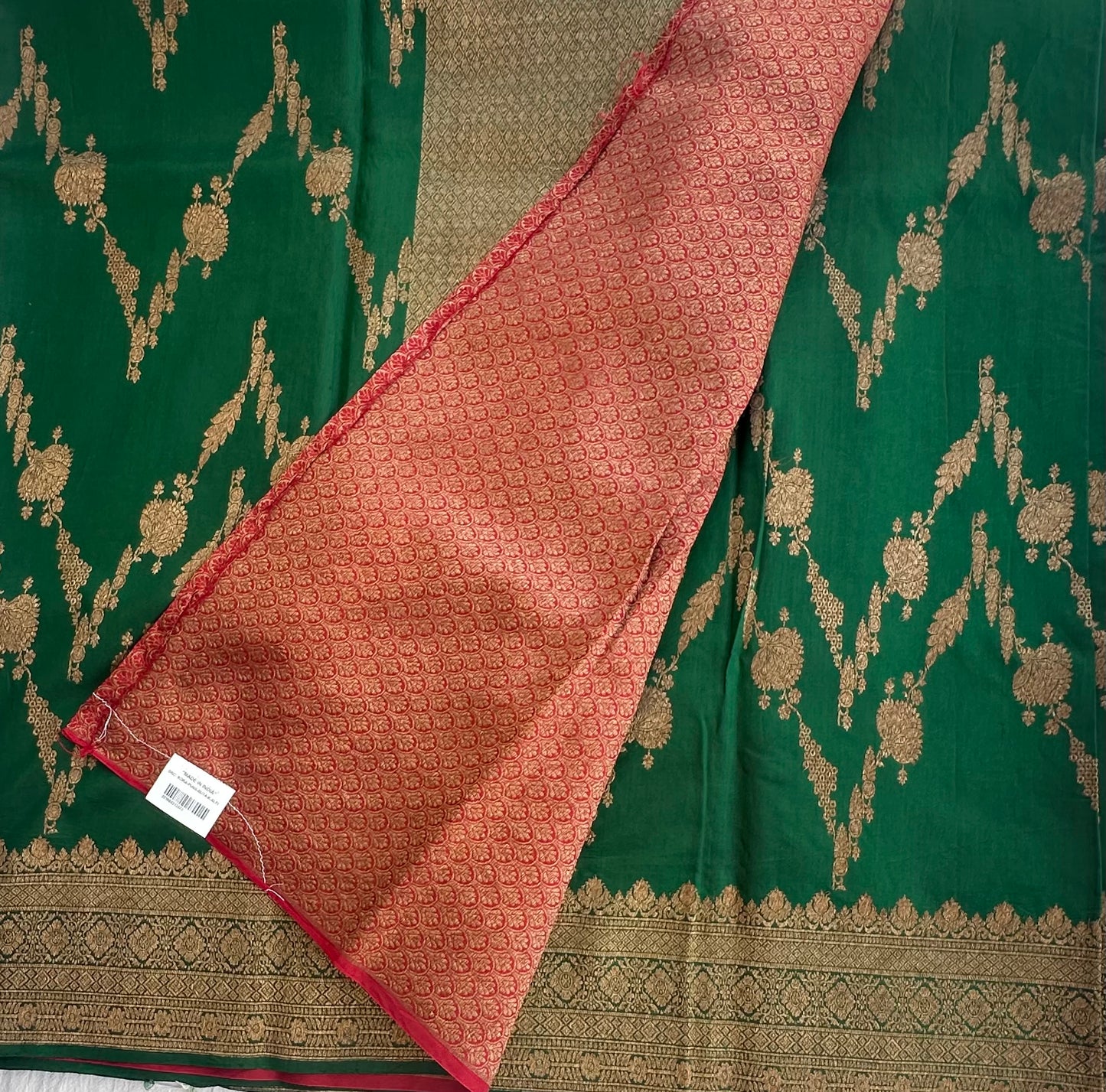 DARK BOTTLE GREEN  PURE RAWMANGO SAREE