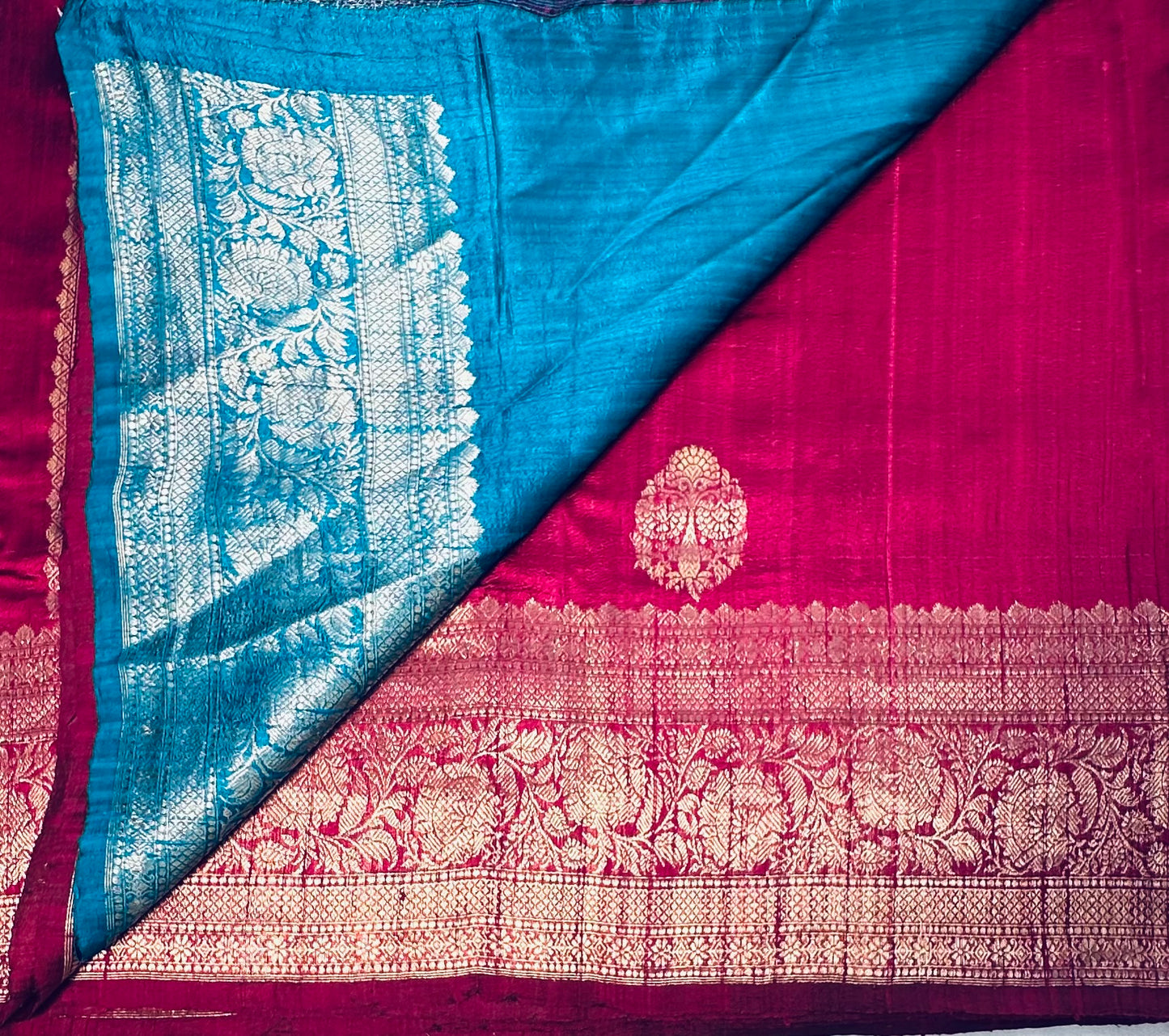 MAROON ND BLUE BANARAS PURE RAW SILK SAREE