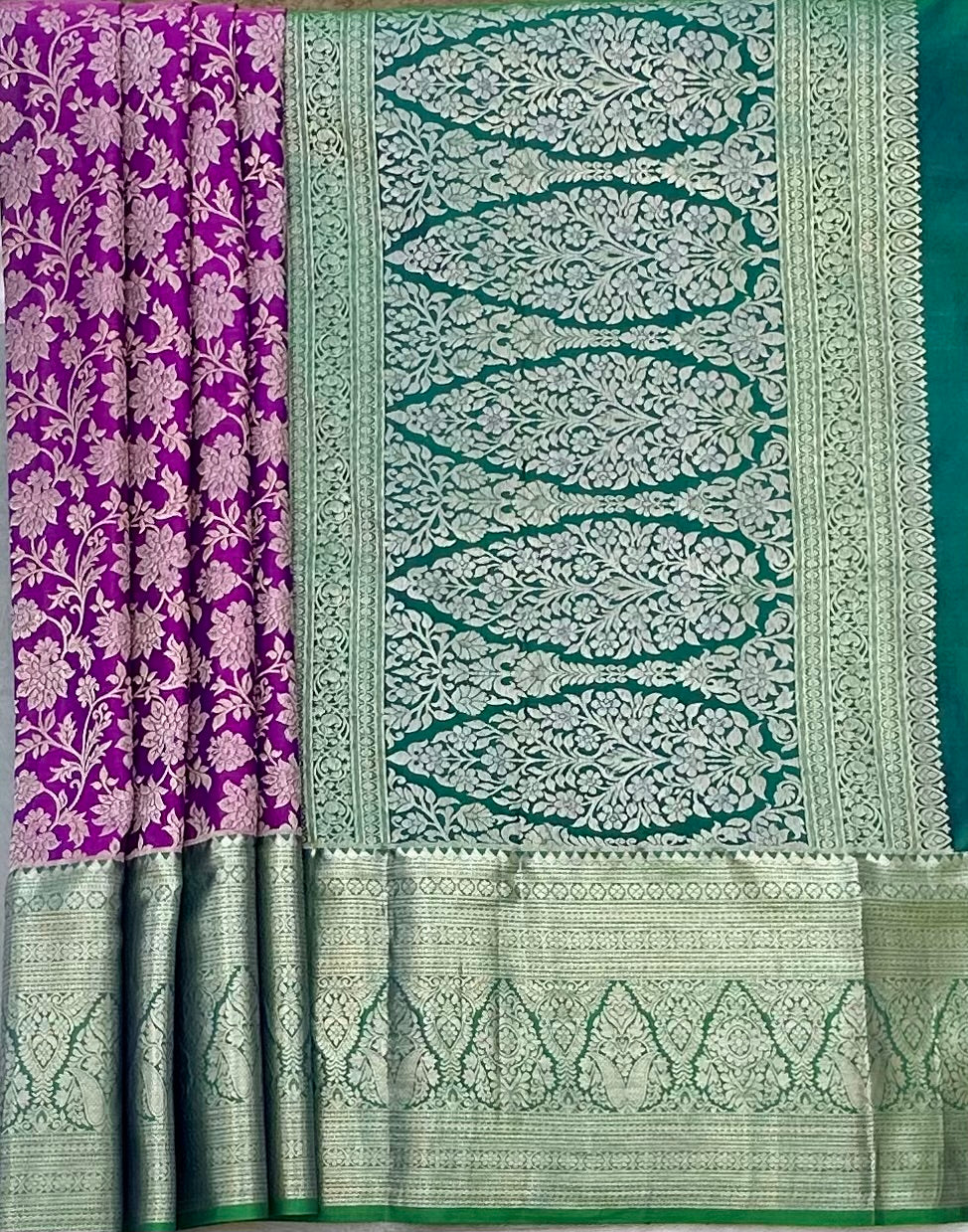 Purple with green kanjivaram saree