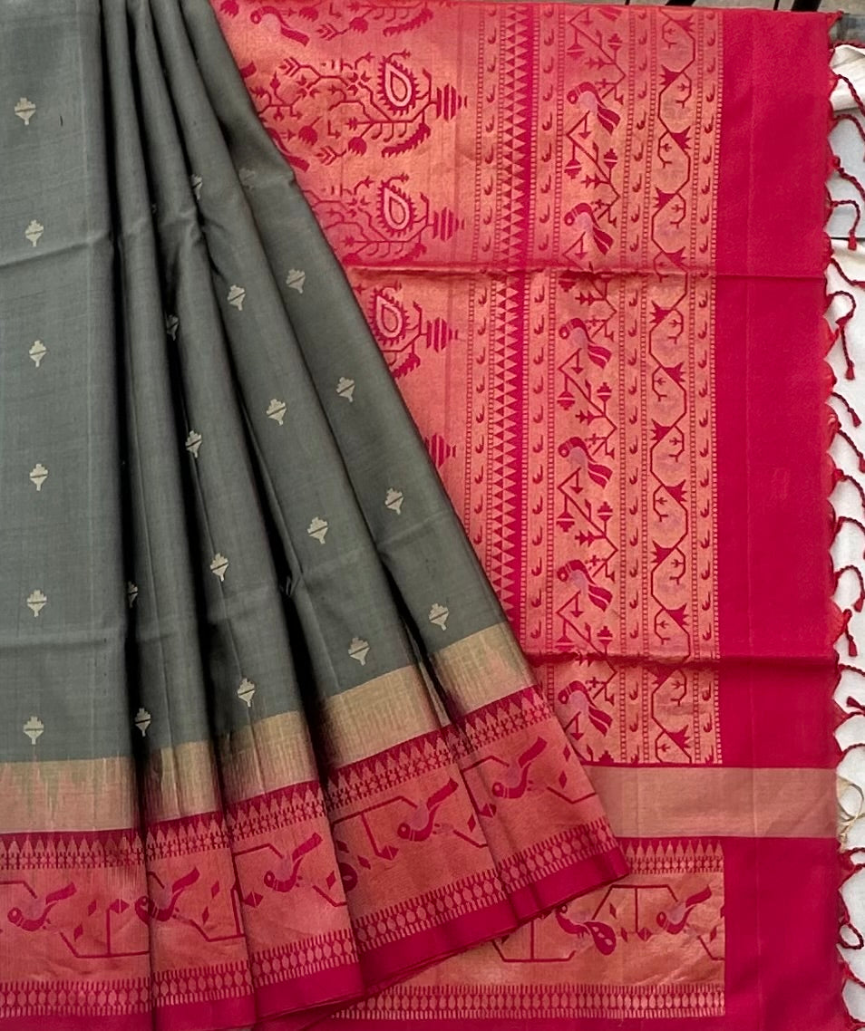 GREY ND PINK KANJIVARAM SOFT SILK SAREE