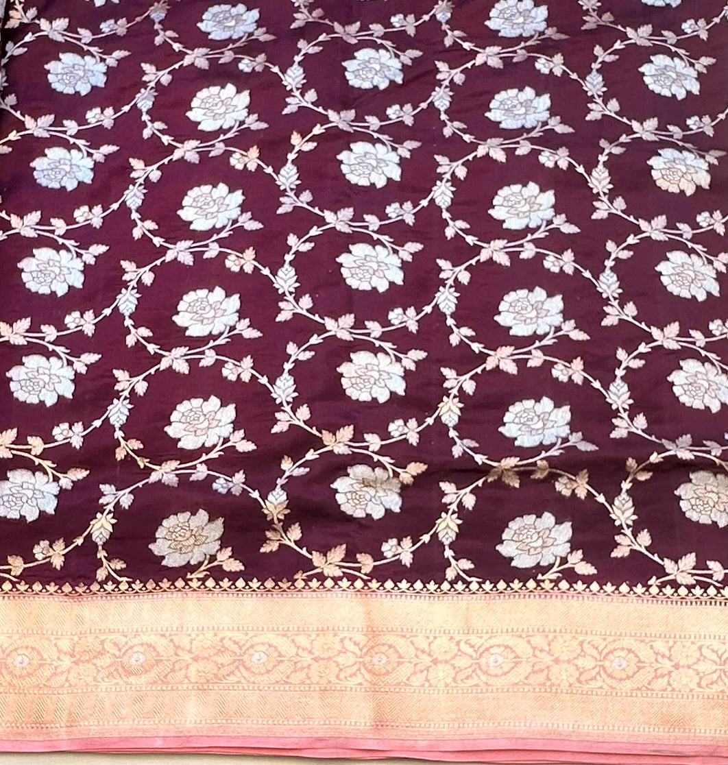 DARK BROWN PURE BANARAS KATAAN JAAL SAREE
