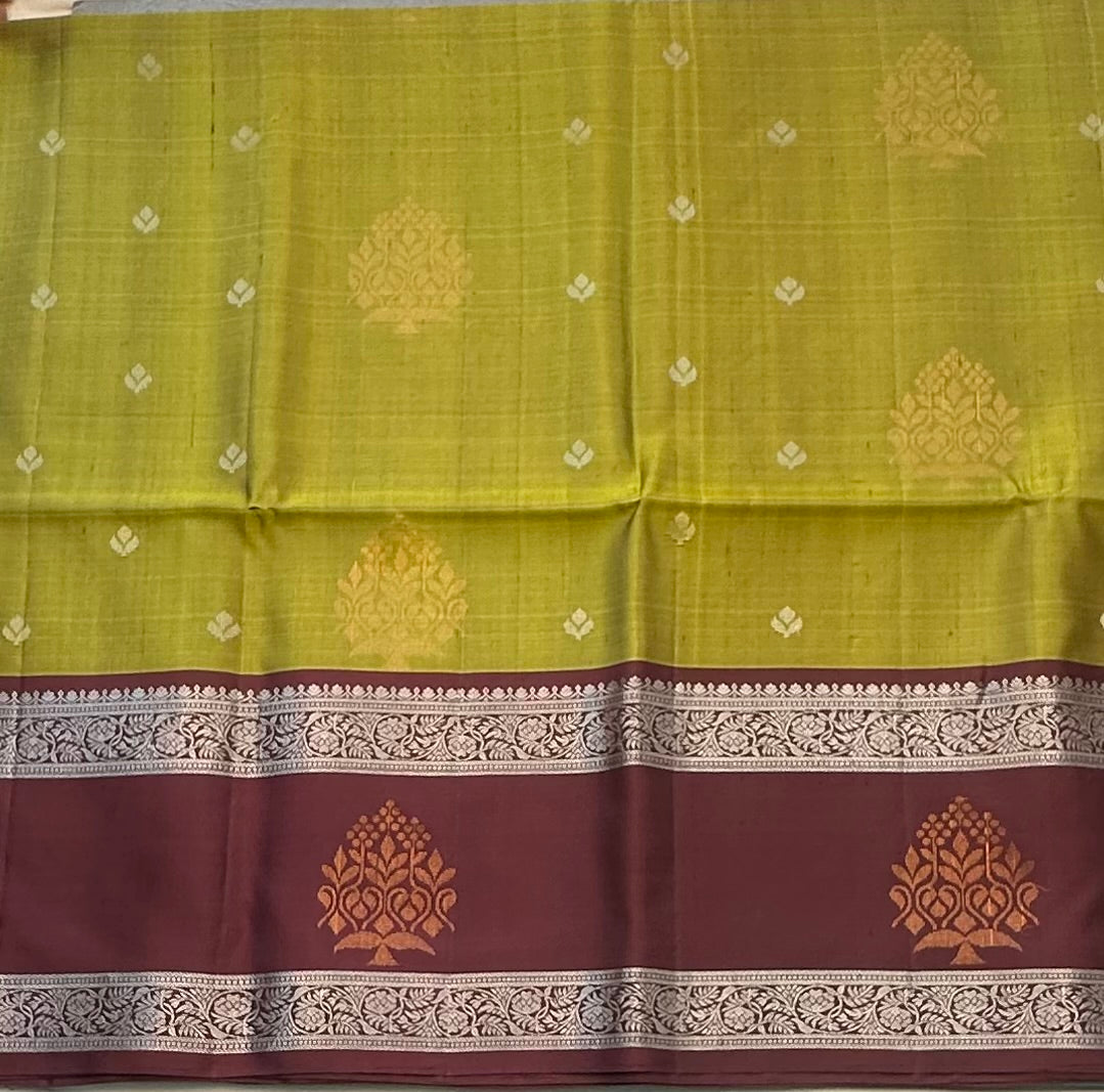 MEHENDI GREEN WITH CHOCLATE BROWN KANJIVARAM SOFT SILK
