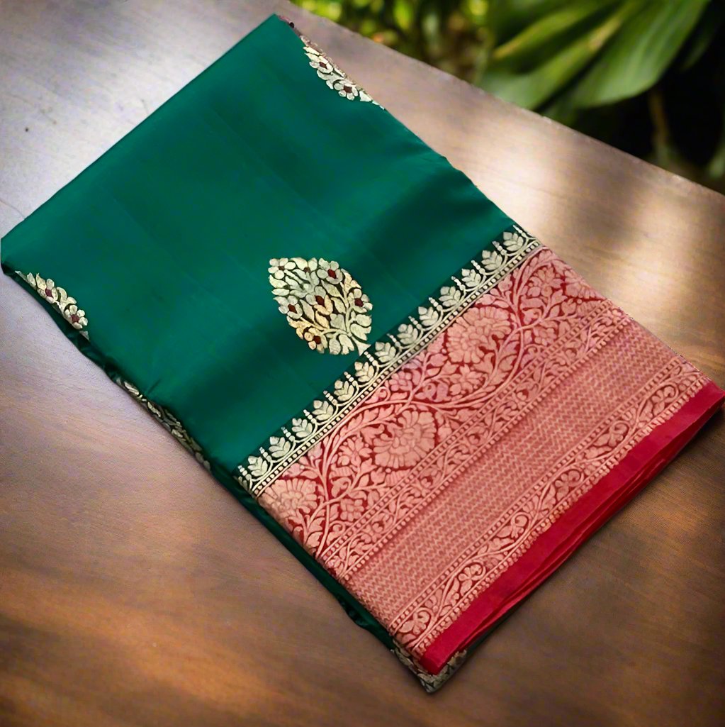 BOTTLE GREEN ND RED BANARAS RAW MANGO SAREE