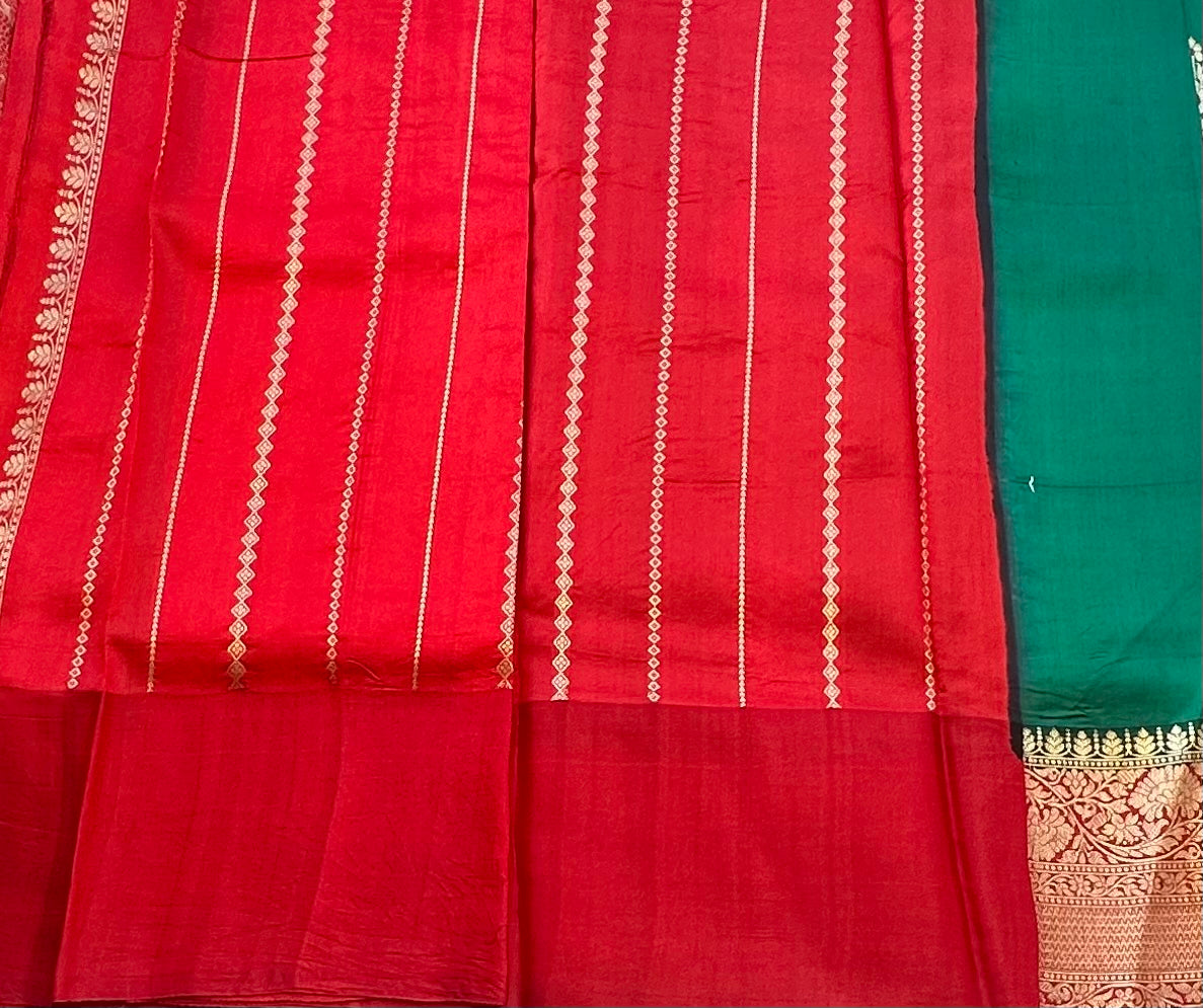BOTTLE GREEN ND RED BANARAS RAW MANGO SAREE