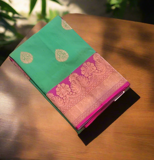 PASTEL GREEN ND RANI PINK BANARAS PURE KATAAN SAREE