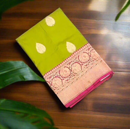 PARROT GREEN ND PINK BANARAS PURE KATAAN SAREE