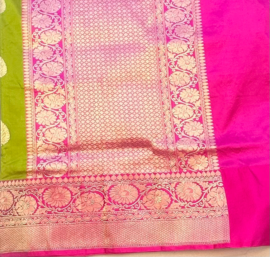 PARROT GREEN ND PINK BANARAS PURE KATAAN SAREE