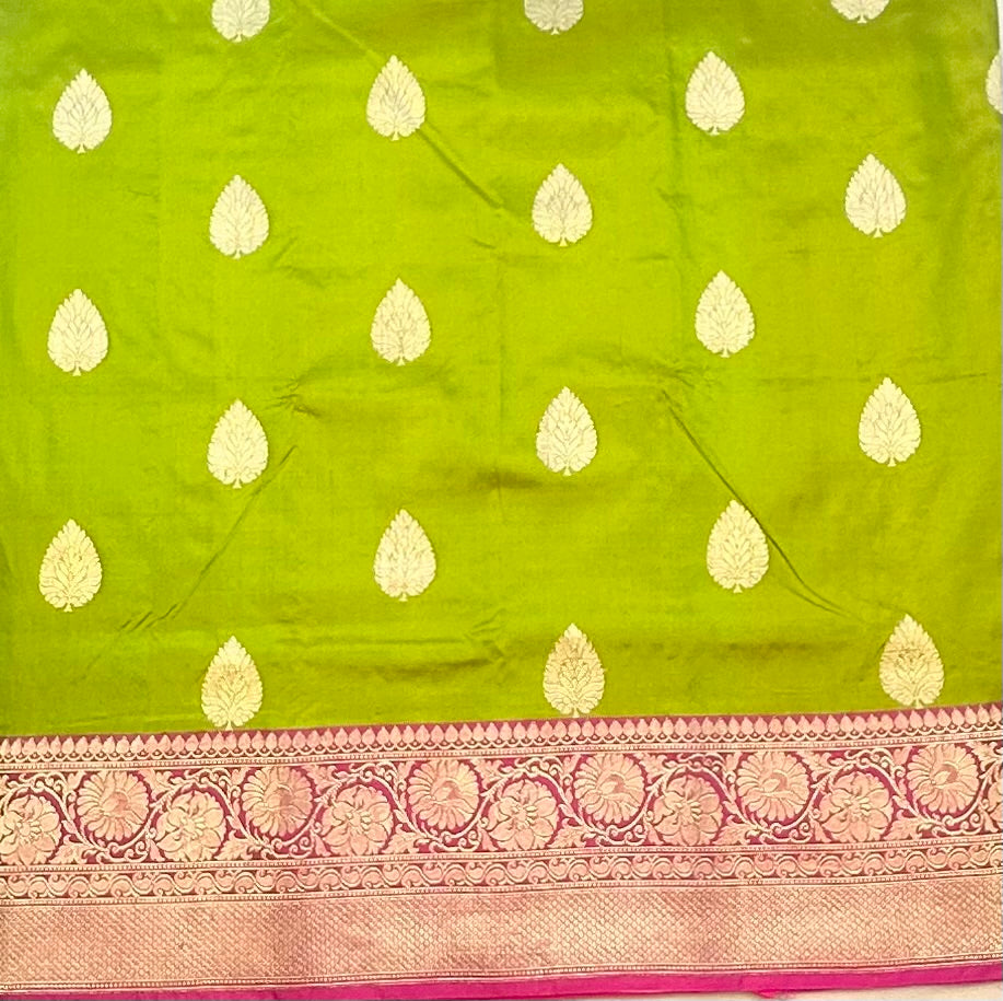 PARROT GREEN ND PINK BANARAS PURE KATAAN SAREE