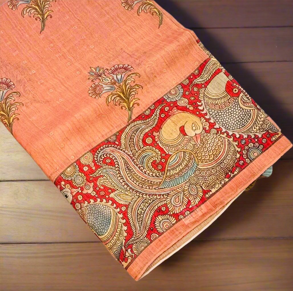 PEACH DESIGNER PURE TUSSER KALAMKARI SAREE
