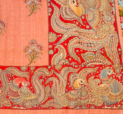 PEACH DESIGNER PURE TUSSER KALAMKARI SAREE