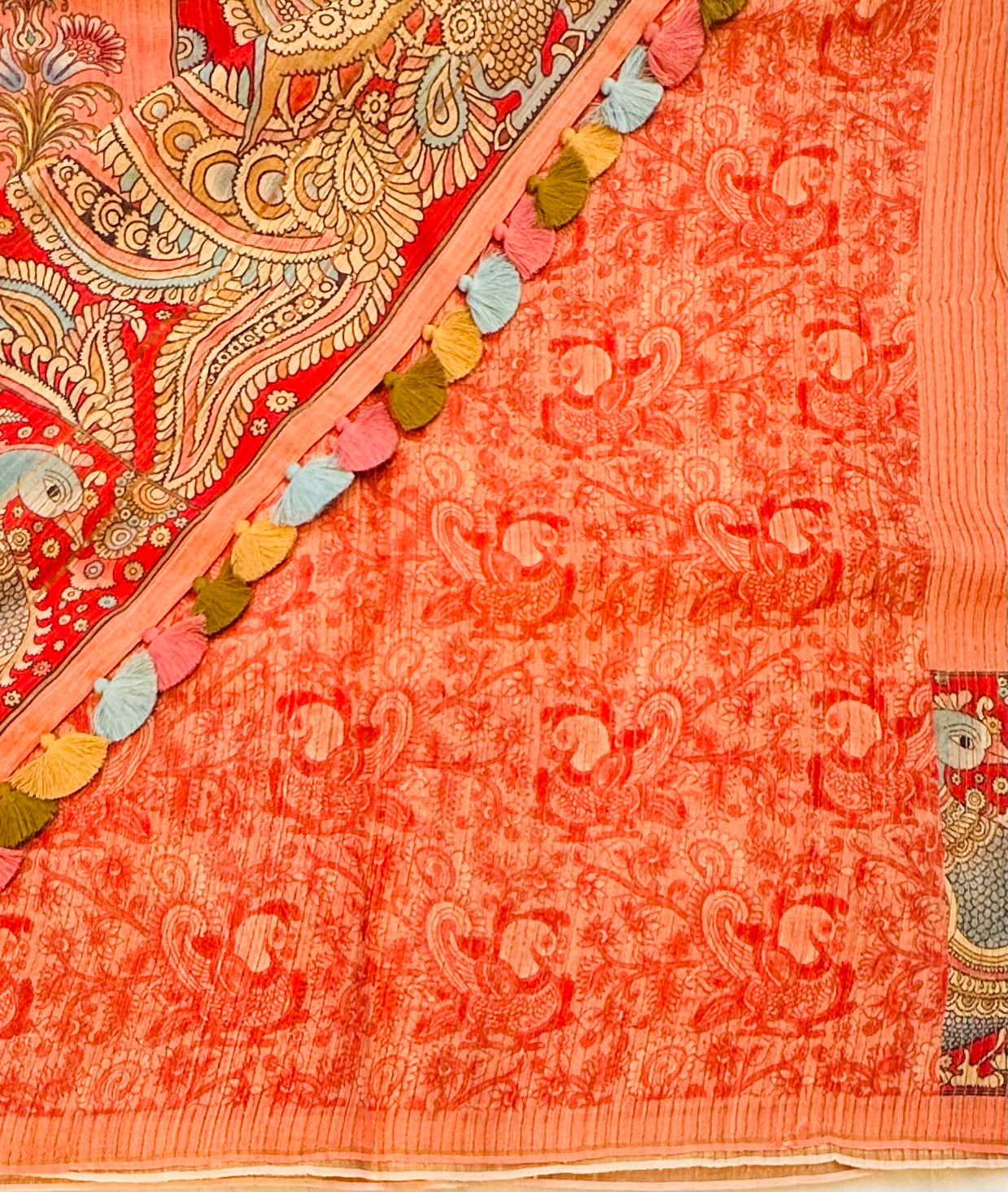 PEACH DESIGNER PURE TUSSER KALAMKARI SAREE