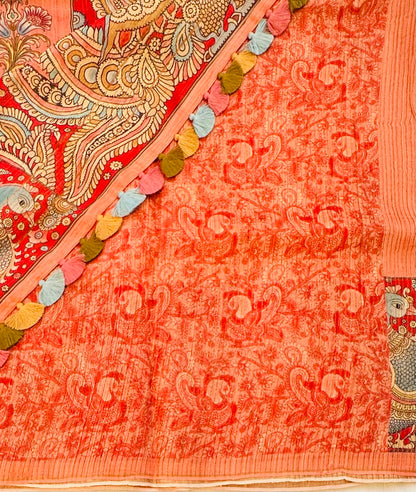 PEACH DESIGNER PURE TUSSER KALAMKARI SAREE