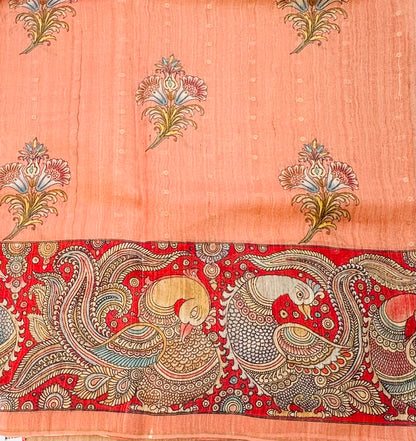 PEACH DESIGNER PURE TUSSER KALAMKARI SAREE