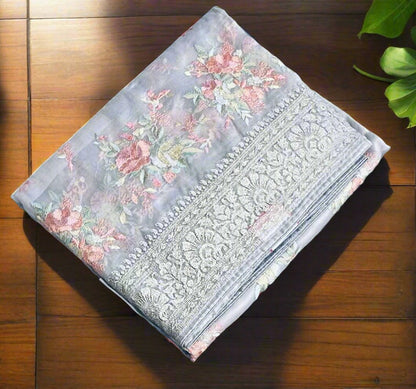 GREY DESIGNER PURE ORGANA SAREE