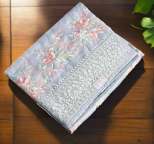 GREY DESIGNER PURE ORGANA SAREE