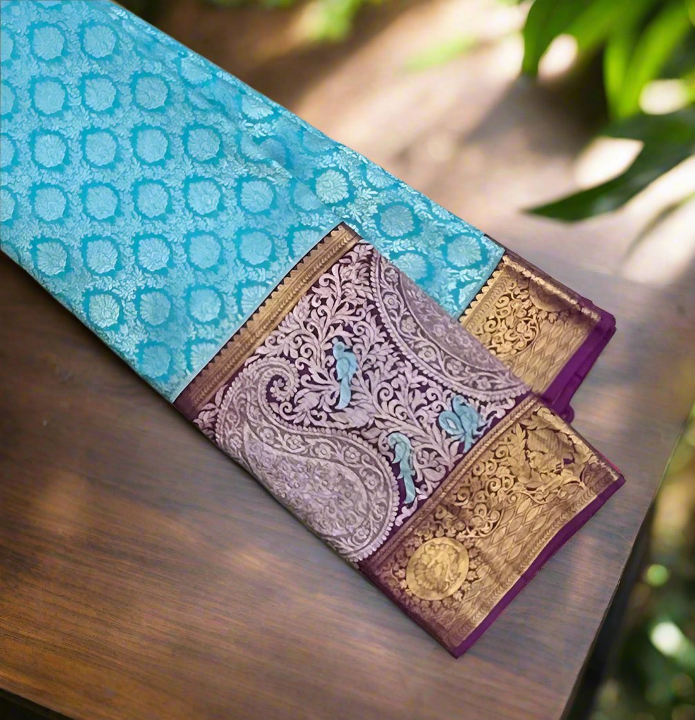 SKY BLUE WITH PURPLE  KANJIVARAM PURE SAREE
