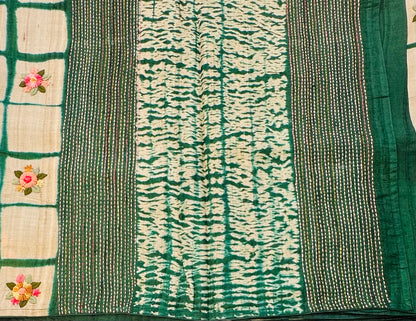 CREAM ND DARK GREEN DESIGNER PURE TUSSER SAREE