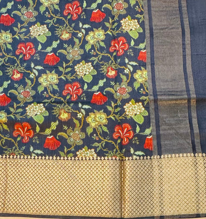 NAVY BLUE PURE CHINIYA SILK SAREE