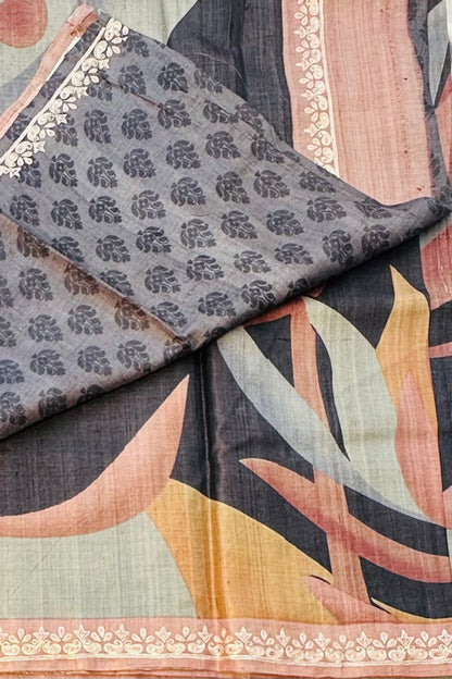 GREY DESIGNER PURE TUSSER SAREE