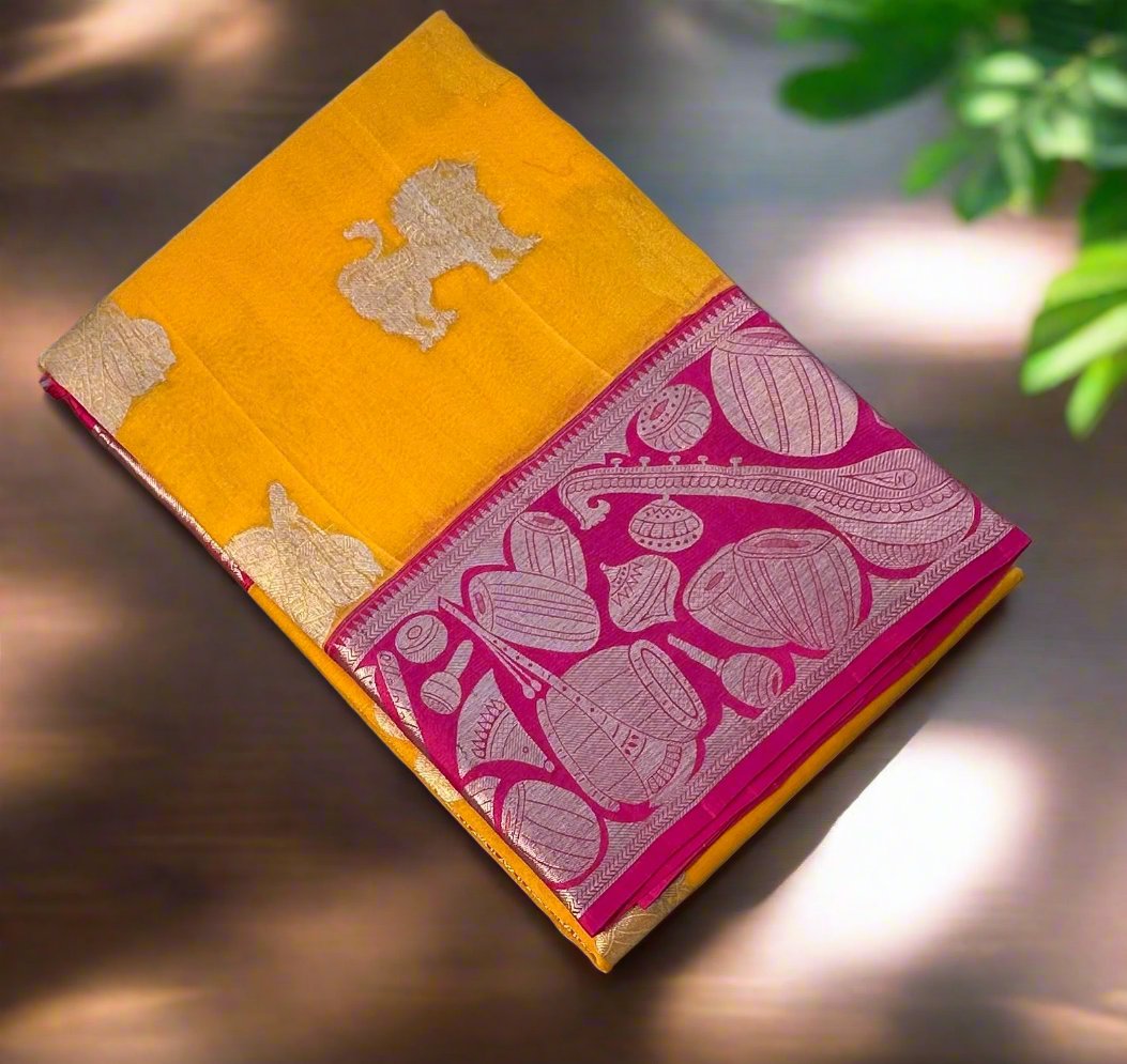 YELLOW PINK BANARAS PURE KORA SAREE