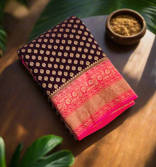 BROWN ND PINK BANARAS PURE KADDI GORGETTE