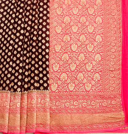 BROWN ND PINK BANARAS PURE KADDI GORGETTE