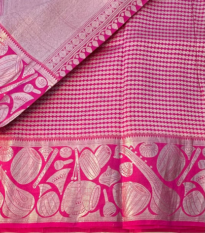 YELLOW PINK BANARAS PURE KORA SAREE