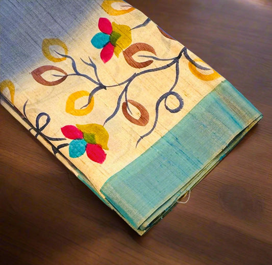 GREY BLUE PURE RAW SILK SAREE