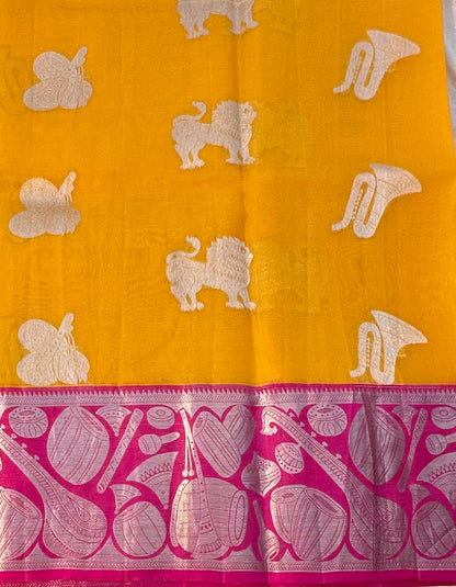 YELLOW PINK BANARAS PURE KORA SAREE